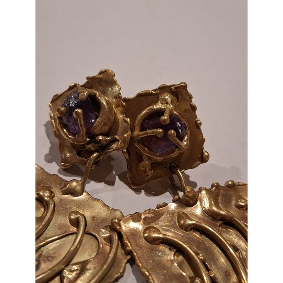 Brutalist Designer Handmade Clip On Earrings Brass and Raw Amethyst Ernandes - Picture 11 of 16